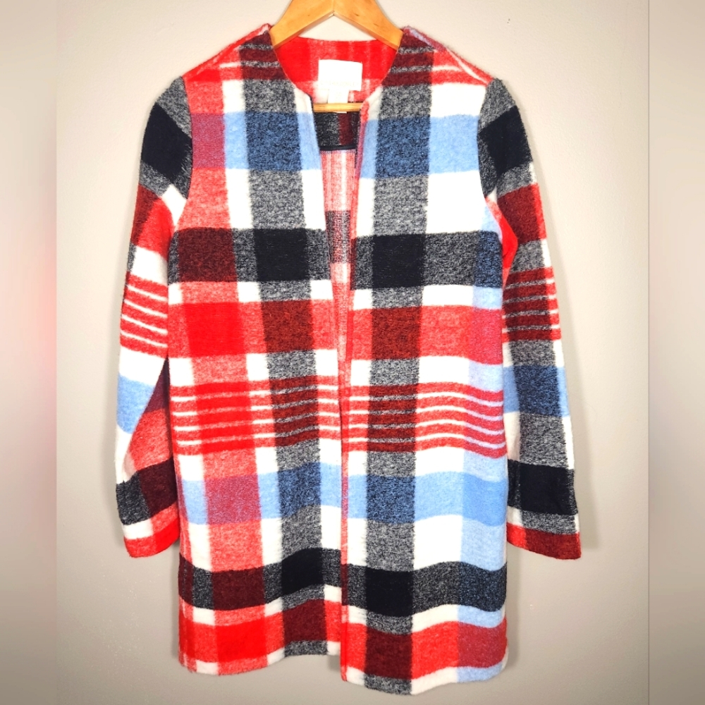 Cynthia Rowley Plaid Mid Length Jacket Wool Tweed Coat Red Multicolor Sz XS